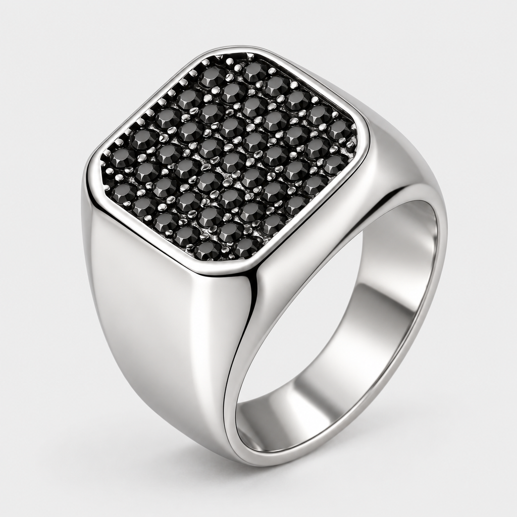Chevalière Homme Carrée Pavée Pierres Grises Acier Inoxydable – Lipari