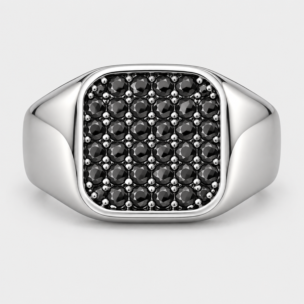 Chevalière Homme Carrée Pavée Pierres Grises Acier Inoxydable – Lipari