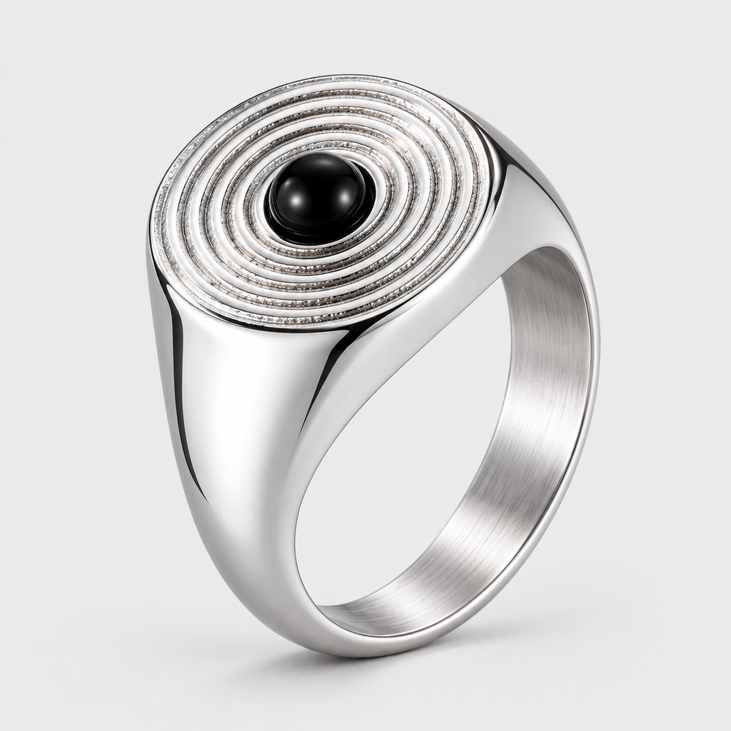 Chevalière Homme Ronde Pierre Noire Spirale Acier Inoxydable – Stromboli