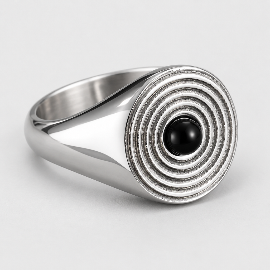 Chevalière Homme Ronde Pierre Noire Spirale Acier Inoxydable – Stromboli