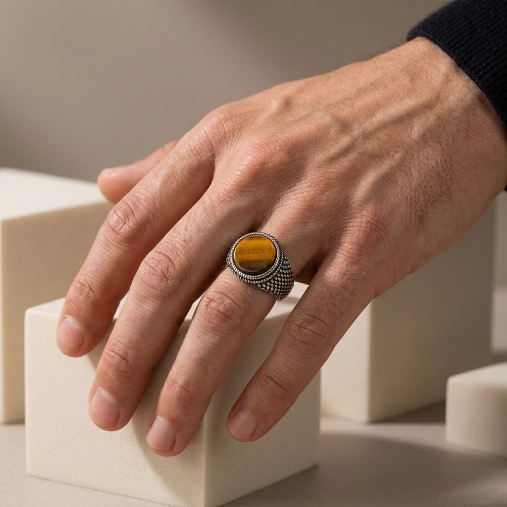 Chevalière Homme Ronde Œil de Tigre Ciselée Acier Inoxydable – Modica