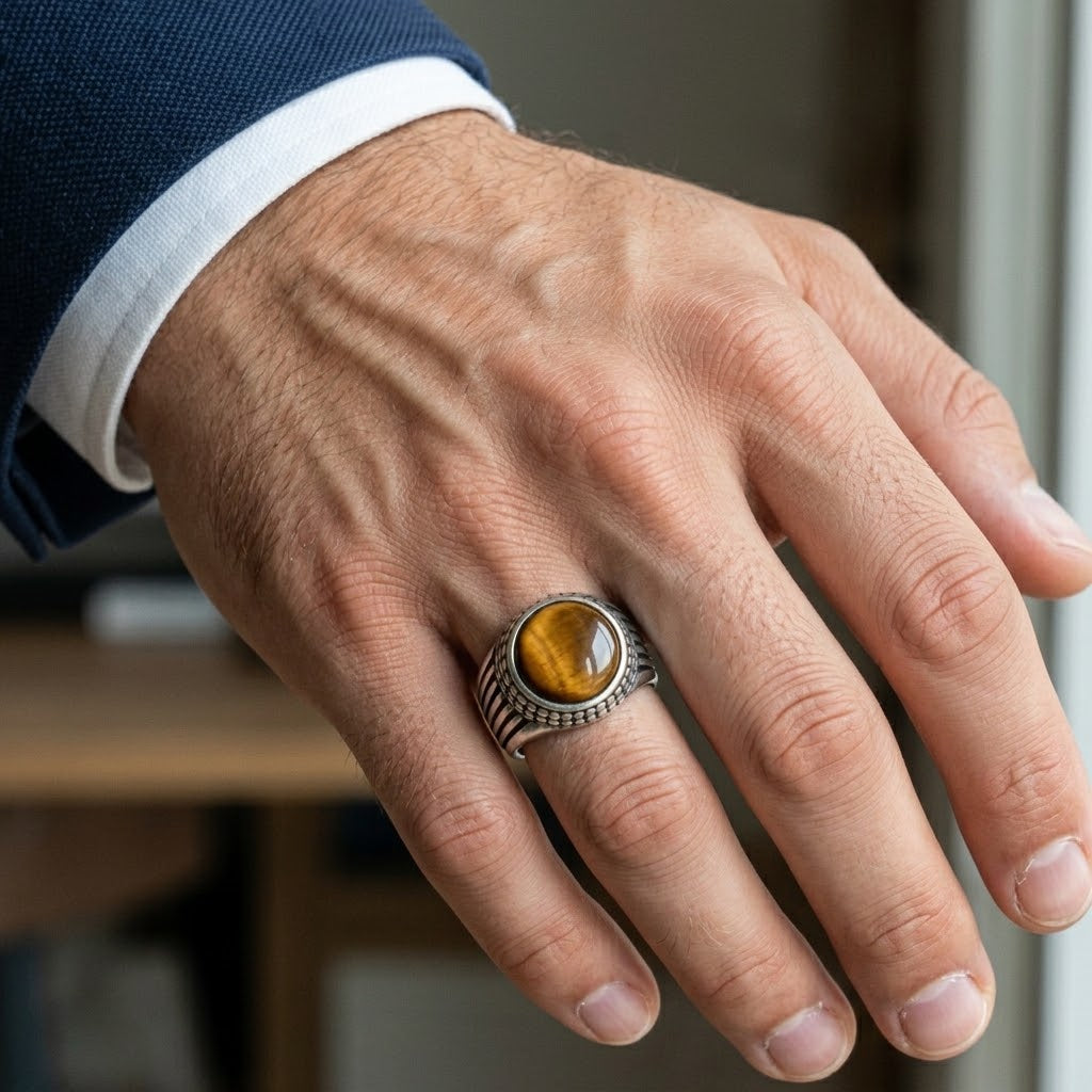 Chevalière Homme Ronde Œil de Tigre Acier Inoxydable – Noto