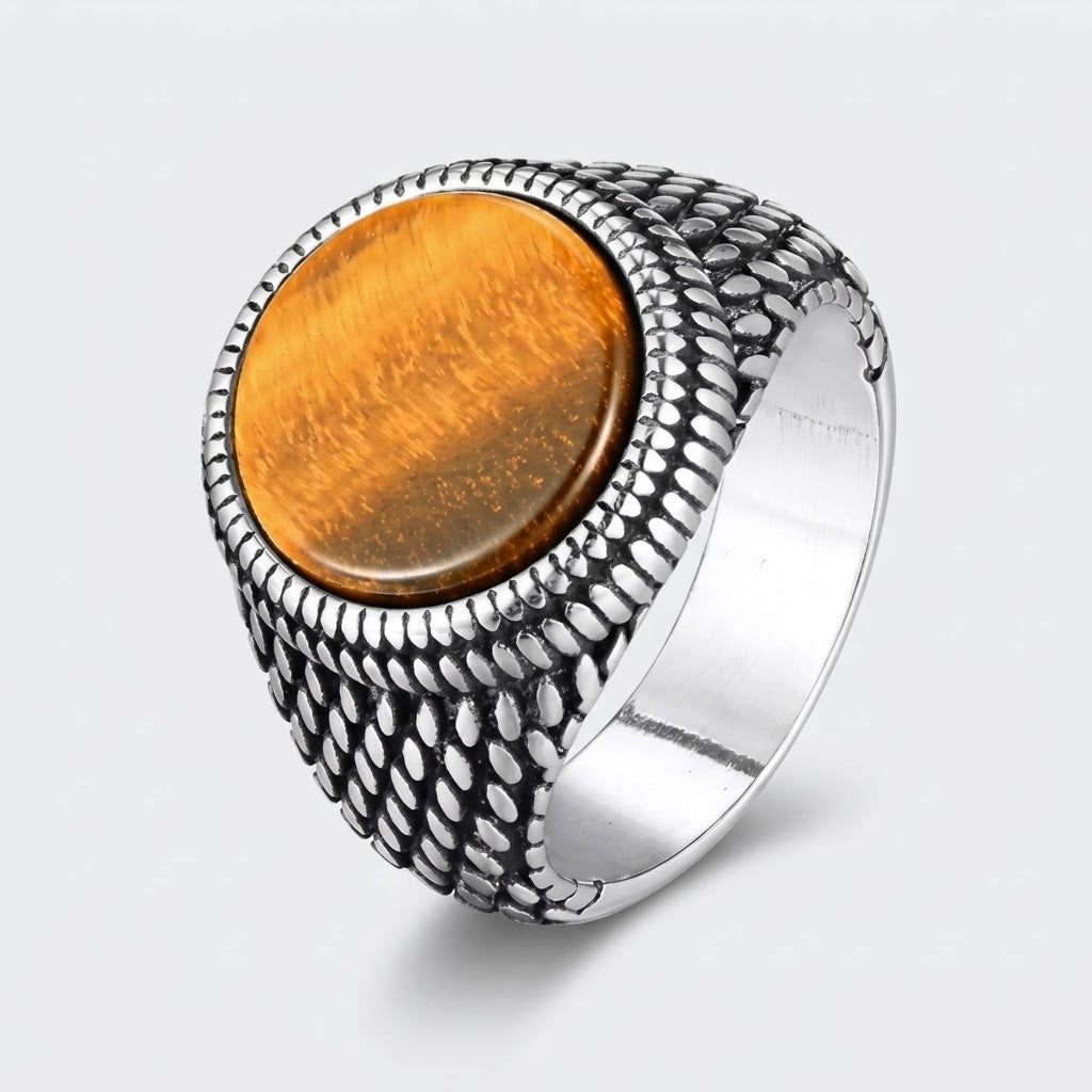 Chevalière Homme Ronde Œil de Tigre Ciselée Acier Inoxydable – Modica