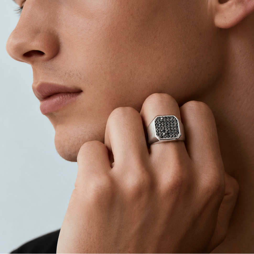 Chevalière Homme Carrée Pavée Pierres Grises Acier Inoxydable – Lipari