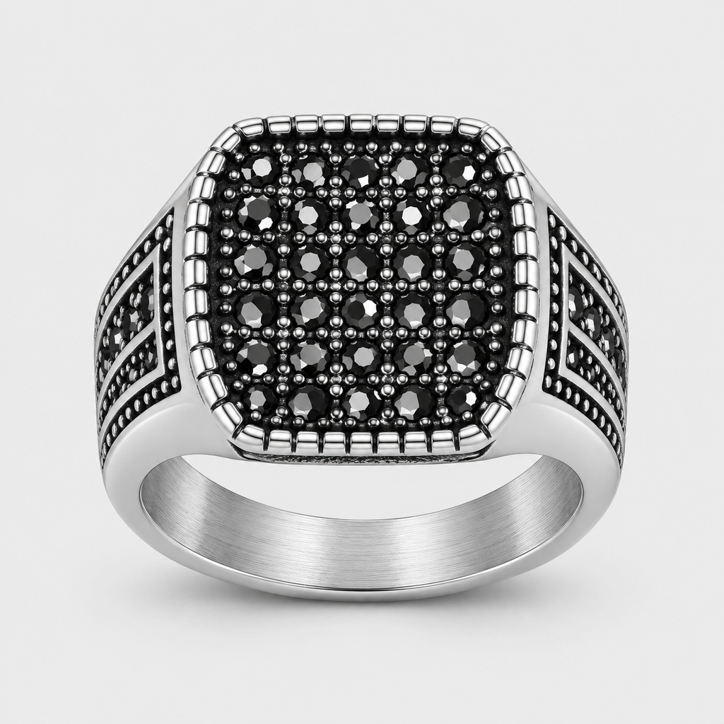 Chevalière Homme Carrée Pavée Pierres Noires Acier Inoxydable – Etna